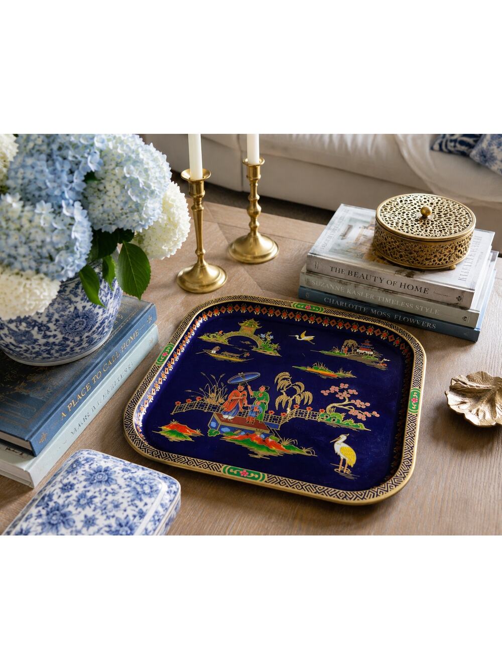 Vintage Daher England Blue Chinoiserie Serving Tray Pagoda Scene